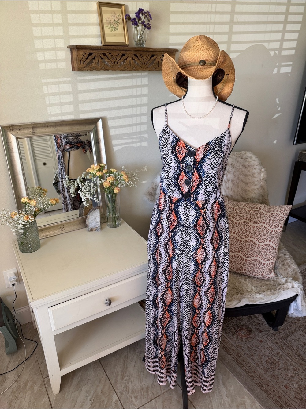 Angie Snake Print multi color boho wide leg tie open back Jumpsuit M